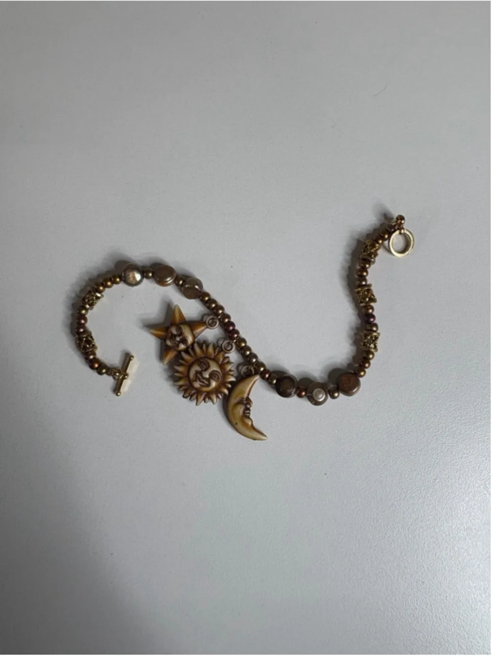 Handmade Sun Moon Star Beaded Clasp Bracelet 7.5” Earth Tones